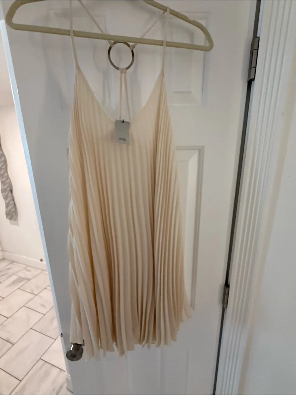 River Island Cream Pleated Spaghetti-Strap Mini Dress
